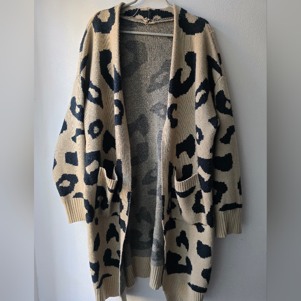 Source Unknown Beige and Black Leopard-Print Open Cardigan